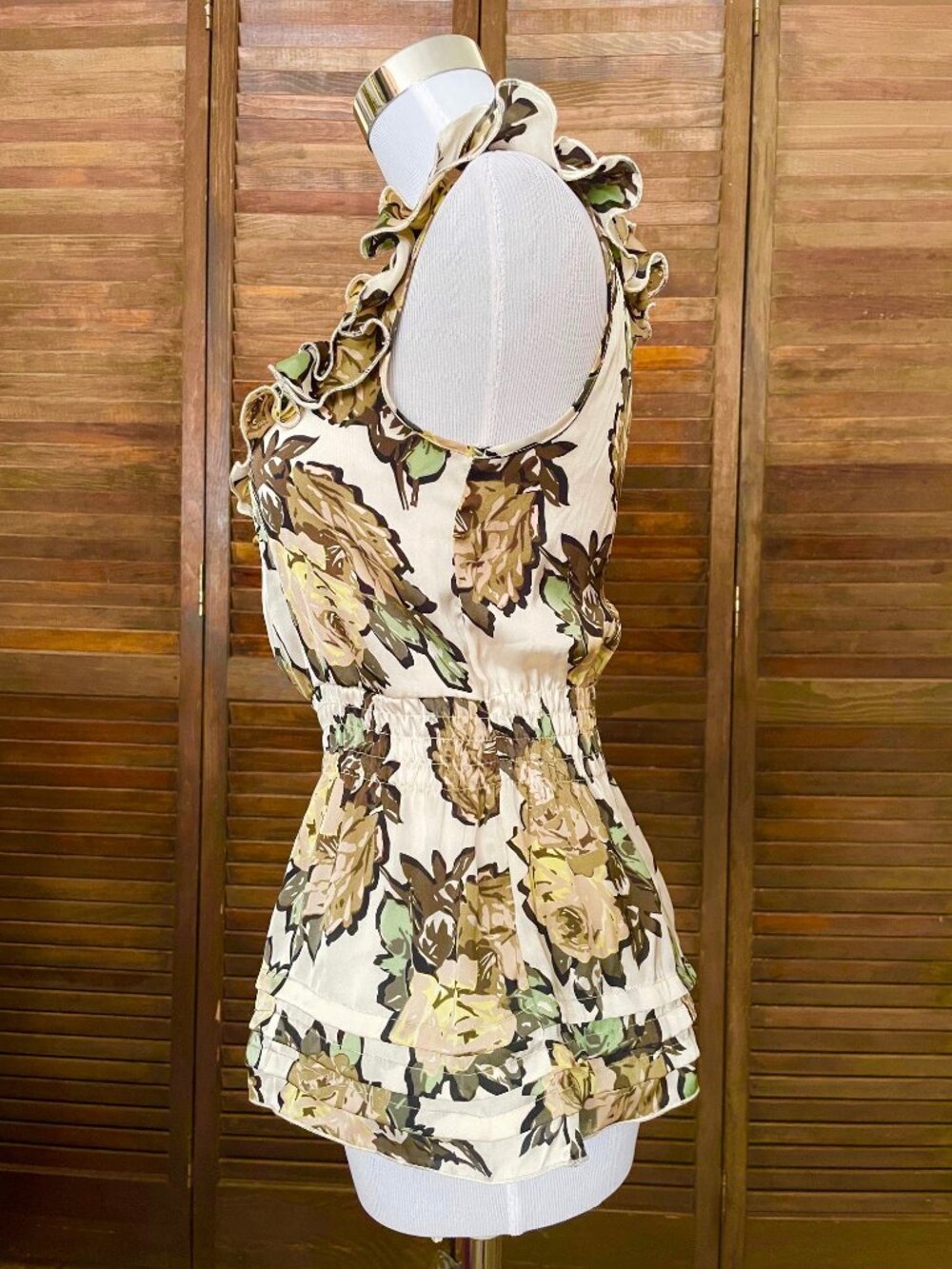 CANDIE'S BEIGE FLORAL ROSES RUFFLE SLEEVELESS DRESS SHIRT TOP BLOUSE CANDIES XS - Picture 3 of 12